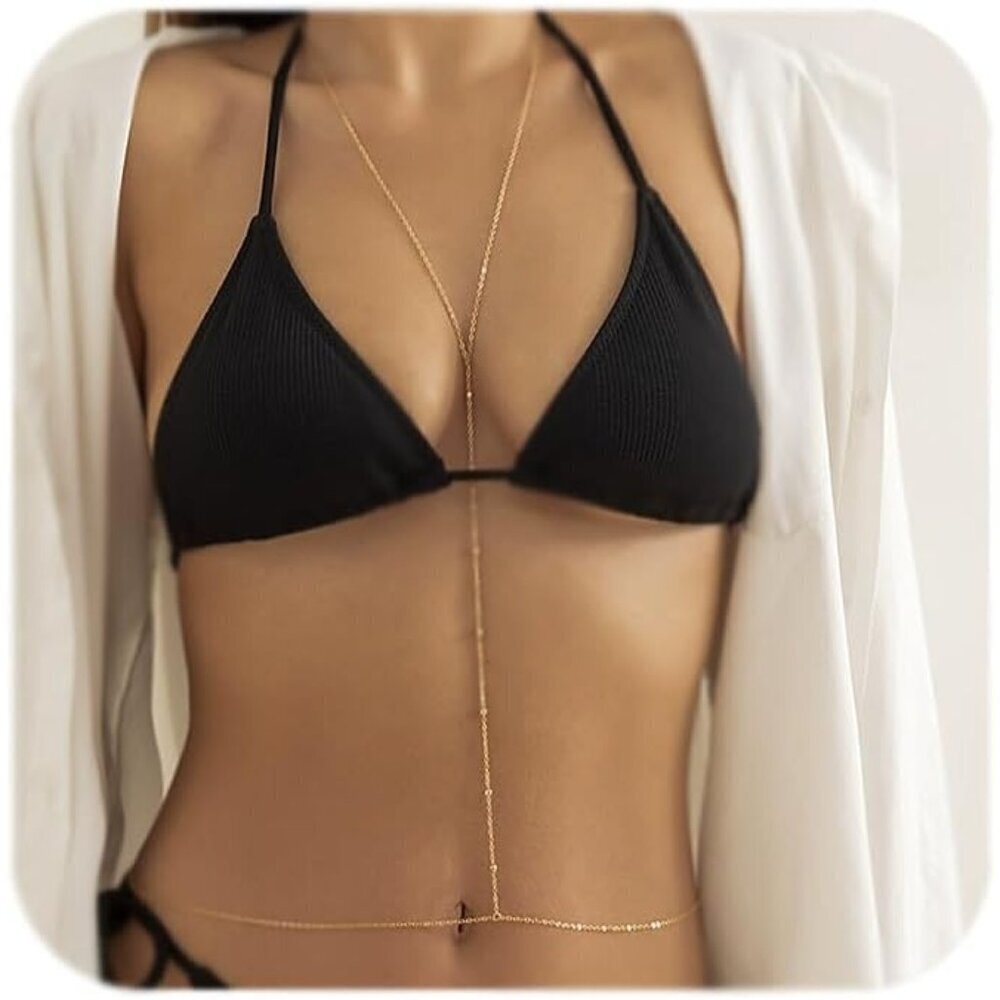 🆕 Women Gold Rhinestone Peal Back Chain Necklace Lingerie Waist Belly Jewelry